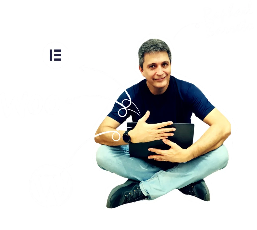 Raphael Barreto, especialista em criação de sites, abraça um notebook com as logos do WordPress, Elementor Pro e WooCommerce, simbolizando a entrega de sites profissionais e completos para seus clientes.